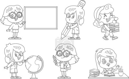 Ilustración de Personajes de dibujos animados delineados de niñas de escuela. Vector mano dibujado colección conjunto aislado sobre fondo transparente - Imagen libre de derechos