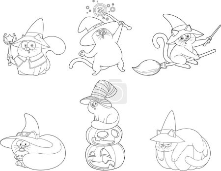 Ilustración de Personajes de dibujos animados de Halloween Witch Cat. Vector mano dibujado colección conjunto aislado sobre fondo transparente - Imagen libre de derechos
