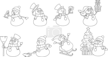 Téléchargez les illustrations : Personnages dessinés mignons bonhomme de neige dessin animé. Ensemble de collection dessiné à la main vectoriel isolé sur fond transparent - en licence libre de droit