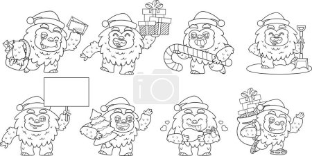 Illustration for Outlined Santa Yeti Bigfoot Cartoon Character In Different Poses. Vector Hand Drawn Collection Set Isolated On Transparent Background - Royalty Free Image