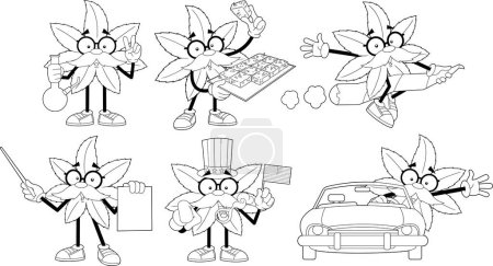 Illustration for Outlined Funny Marijuana Leaf Cartoon Characters. Vector Hand Drawn Collection Set Isolated On Transparent Background - Royalty Free Image
