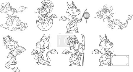 Téléchargez les illustrations : Personnages de dessin animé mignon dragon chinois esquissé. Année du zodiaque du dragon. Ensemble de collection dessiné à la main vectoriel isolé sur fond transparent - en licence libre de droit