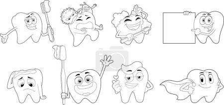 Illustration for Outlined Cute Tooth Cartoon Characters. Vector Hand Drawn Collection Set Isolated On Transparent Background - Royalty Free Image
