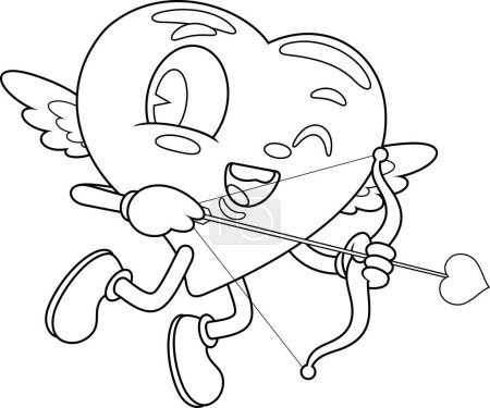 Téléchargez les illustrations : Cœur mignon Cupidon rétro personnage de bande dessinée volant avec arc et flèche. Illustration vectorielle Design plat isolé sur fond transparent - en licence libre de droit