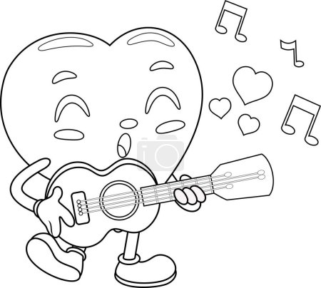 Téléchargez les illustrations : Cœur mignon personnage de bande dessinée rétro jouant une guitare et chantant. Illustration vectorielle Design plat isolé sur fond transparent - en licence libre de droit