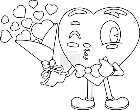 Illustration for Cute Heart Retro Cartoon Character Holding Gift Bouquet And Sends Kisses. Vector Illustration Flat Design Isolated On Transparent Background - Royalty Free Image
