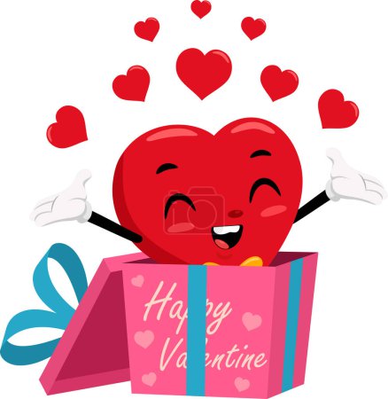 Illustration for Cute Red Heart Retro Cartoon Character Exit From Gift Box. Vector Illustration Flat Design Isolated On Transparent Background - Royalty Free Image