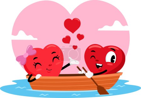 Illustration for Romantic Red Hearts Couple Retro Cartoon Characters On Boat Rowing. Vector Illustration Flat Design Isolated On Transparent Background - Royalty Free Image