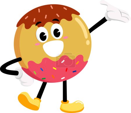 Téléchargez les illustrations : Humour Donut rétro personnage de bande dessinée saluant. Illustration vectorielle Design plat isolé sur fond transparent - en licence libre de droit