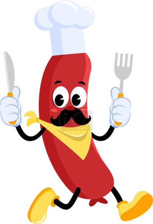 Ilustración de Chef de salchicha personaje de dibujos animados retro con cuchillo y tenedor corriendo. Ilustración vectorial Diseño plano aislado sobre fondo transparente - Imagen libre de derechos