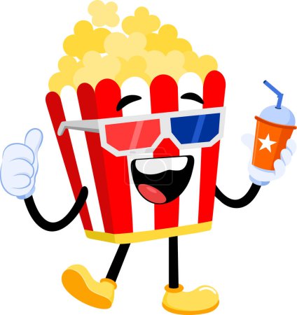 Illustration for Happy Popcorn Retro Cartoon Character Wearing 3D Glasses Giving The Thumbs Up. Vector Illustration Flat Design Isolated On Transparent Background - Royalty Free Image