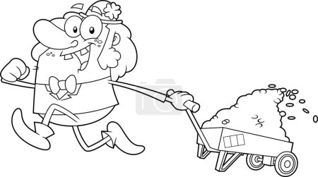 Téléchargez les illustrations : Happy Leprechaun personnage de bande dessinée tirant un chariot avec des pièces d'or. Illustration dessinée à la main vectorielle isolée sur fond transparent - en licence libre de droit