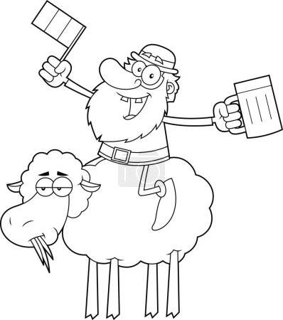 Illustration for Lucky Leprechaun Cartoon Character Riding a Sheep With A Glass Of Beer And An Irish Flag. Vector Hand Drawn Illustration Isolated On Transparent Background - Royalty Free Image