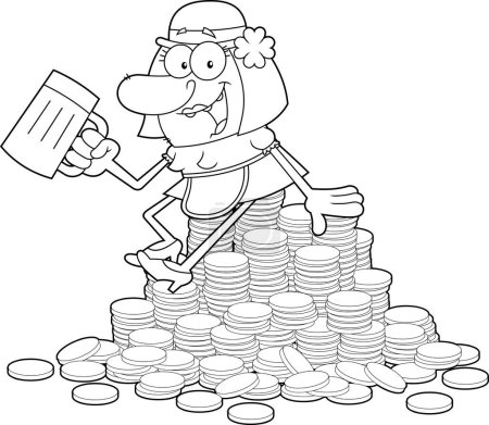 Ilustración de Happy Leprechaun Mujer Personaje de dibujos animados con una taza de cerveza se sienta en una pila de monedas de oro. Ilustración dibujada a mano vectorial aislada sobre fondo transparente - Imagen libre de derechos