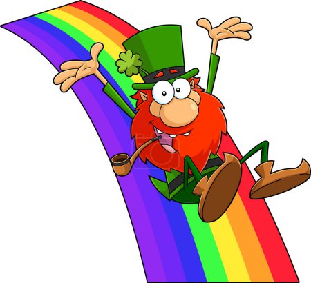 Ilustración de Carácter de dibujos animados de duende feliz montar un arco iris. Ilustración dibujada a mano vectorial aislada sobre fondo transparente - Imagen libre de derechos