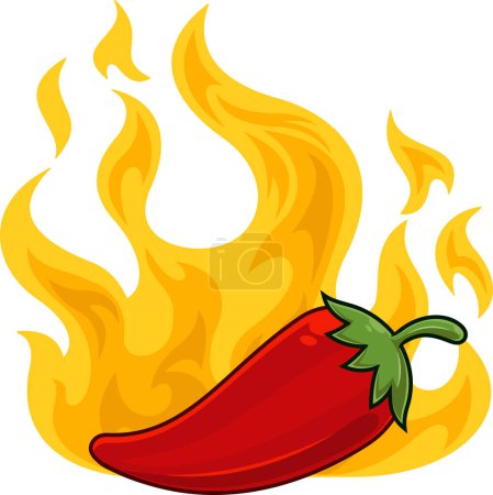 Ilustración de Pimiento picante rojo fresco de la historieta con la llama. Ilustración dibujada a mano vectorial aislada sobre fondo transparente - Imagen libre de derechos