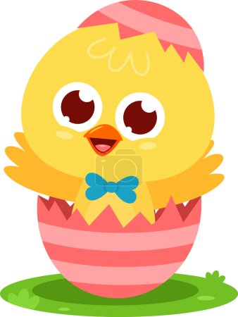 Illustration for Surprise Cute Yellow Chick Cartoon Character Out Of An Egg Shell. Vector Illustration Flat Design Isolated On Transparent Background - Royalty Free Image