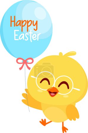 Illustration for Cute Yellow Chick Cartoon Character Holding Balloon With Text Happy Easter. Vector Illustration Flat Design Isolated On Transparent Background - Royalty Free Image