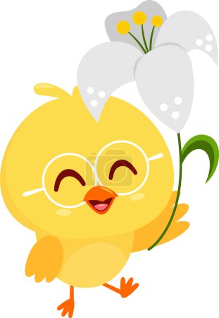 Illustration for Cute Yellow Chick Cartoon Character Walking And Holding A Flower. Vector Illustration Flat Design Isolated On Transparent Background - Royalty Free Image