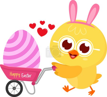 Illustration for Cute Yellow Chick Cartoon Character Pushing Cart With Decorated Egg. Vector Illustration Flat Design Isolated On Transparent Background - Royalty Free Image