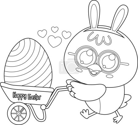 Illustration for Cute Chick Cartoon Character Pushing Cart With Decorated Egg. Vector Illustration Flat Design Isolated On Transparent Background - Royalty Free Image