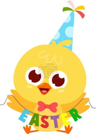 Illustration for Cute Yellow Chick Cartoon Character With Sign Easter. Vector Illustration Flat Design Isolated On Transparent Background - Royalty Free Image