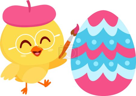 Illustration for Cute Yellow Chick Cartoon Character Painting Colorful Easter Egg. Vector Illustration Flat Design Isolated On Transparent Background - Royalty Free Image