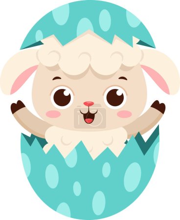 Illustration for Surprise Cute Little Sheep Cartoon Character Out Of An Egg Shell. Vector Illustration Flat Design Isolated On Transparent Background - Royalty Free Image