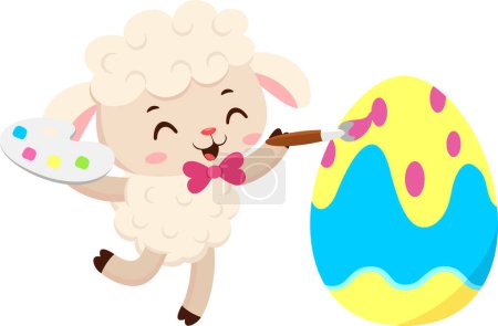 Illustration for Cute Little Sheep Cartoon Character Painting Colorful Easter Egg. Vector Illustration Flat Design Isolated On Transparent Background - Royalty Free Image