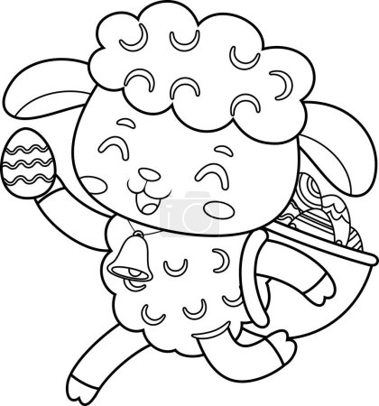 Illustration for Cute Little Sheep Cartoon Character Running With A Basket And Egg. Vector Illustration Flat Design Isolated On Transparent Background - Royalty Free Image