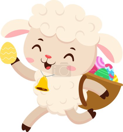 Ilustración de Lindo personaje de dibujos animados ovejas poco corriendo con una cesta y huevo. Ilustración vectorial Diseño plano aislado sobre fondo transparente - Imagen libre de derechos