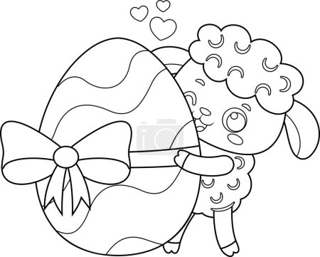 Téléchargez les illustrations : Mignon petit mouton personnage de bande dessinée montrant un oeuf de Pâques. Illustration vectorielle Design plat isolé sur fond transparent - en licence libre de droit