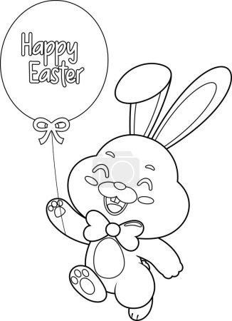 Illustration for Cute Bunny Rabbit Cartoon Character Running With Balloon And Text Happy Easter. Vector Illustration Flat Design Isolated On Transparent Background - Royalty Free Image