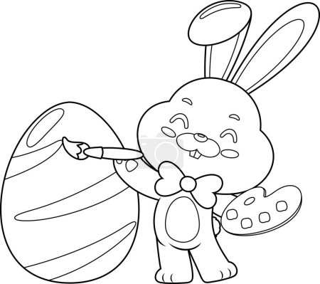 Illustration for Outlined Cute Bunny Rabbit Cartoon Character Painting Colorful Easter Egg. Vector Hand Drawn Illustration Isolated On Transparent Background - Royalty Free Image
