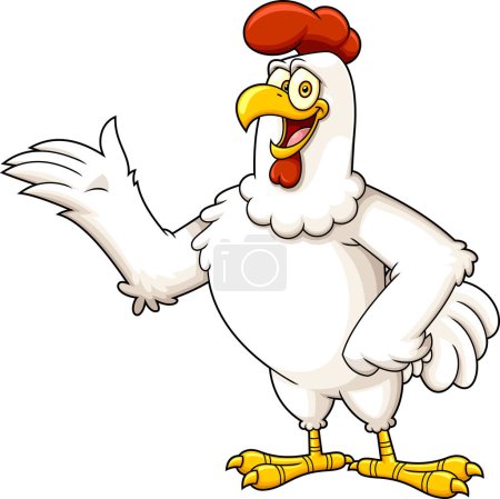 Illustration for Funny Chicken Rooster Cartoon Character Waving For Greeting. Vector Hand Drawn Illustration Isolated On Transparent Background - Royalty Free Image