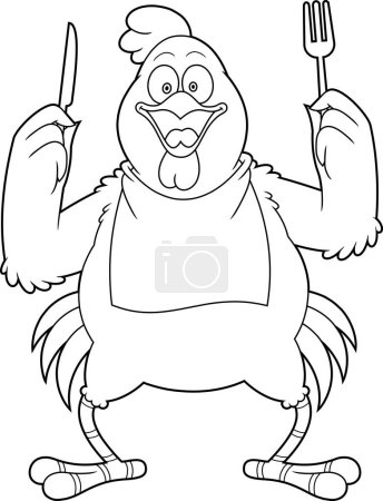Téléchargez les illustrations : Personnage de dessin animé de coq de poulet affamé avec couteau et fourchette. Illustration dessinée à la main vectorielle isolée sur fond transparent - en licence libre de droit
