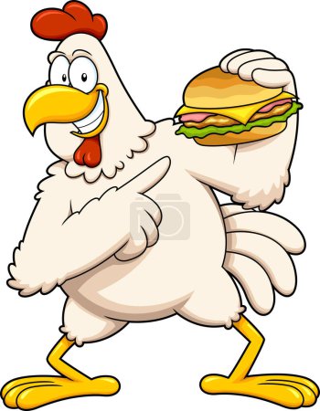Ilustración de Lindo gallo de pollo personaje de dibujos animados presentar mejor hamburguesa con queso. Ilustración dibujada a mano vectorial aislada sobre fondo transparente - Imagen libre de derechos