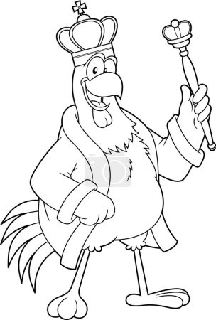 Illustration for Outlined Chicken Rooster King Cartoon Character With Golden Crown And Scepter. Vector Hand Drawn Illustration Isolated On Transparent Background - Royalty Free Image