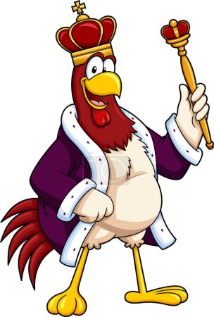 Illustration for Chicken Rooster King Cartoon Character With Golden Crown And Scepter. Vector Hand Drawn Illustration Isolated On Transparent Background - Royalty Free Image
