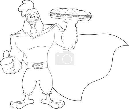 Illustration for Outlined SuperHero Chicken Rooster Cartoon Character Present Best Sub Sandwich. Vector Hand Drawn Illustration Isolated On Transparent Background - Royalty Free Image