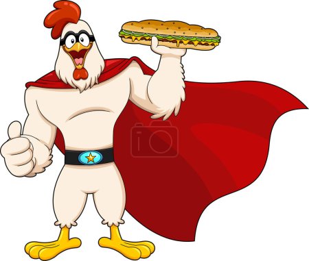 Ilustración de SuperHero Gallo de Pollo Caricatura Personaje Presente Mejor Sub Sandwich. Ilustración dibujada a mano vectorial aislada sobre fondo transparente - Imagen libre de derechos
