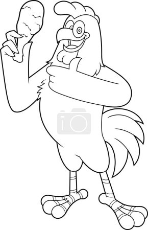 Illustration for Brown Chicken Rooster Cartoon Character Holding Fried Leg And Giving The Thumbs Up. Vector Hand Drawn Illustration Isolated On Transparent Background - Royalty Free Image