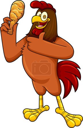 Téléchargez les illustrations : Coq de poulet brun personnage de bande dessinée tenant jambe frite et donnant le pouce vers le haut. Illustration dessinée à la main vectorielle isolée sur fond transparent - en licence libre de droit