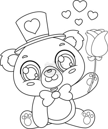 Téléchargez les illustrations : Mignon ours Valentin personnage de bande dessinée tenant une rose. Illustration vectorielle Design plat isolé sur fond transparent - en licence libre de droit