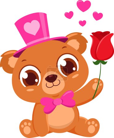 Téléchargez les illustrations : Mignon ours Valentin personnage de bande dessinée tenant une rose. Illustration vectorielle Design plat isolé sur fond transparent - en licence libre de droit