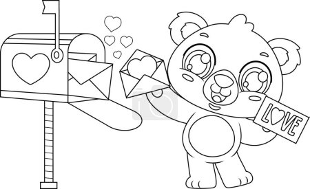 Illustration for Cute Valentine Bear Cartoon Character Takes Love Letters From Mail Box. Vector Illustration Flat Design Isolated On Transparent Background - Royalty Free Image