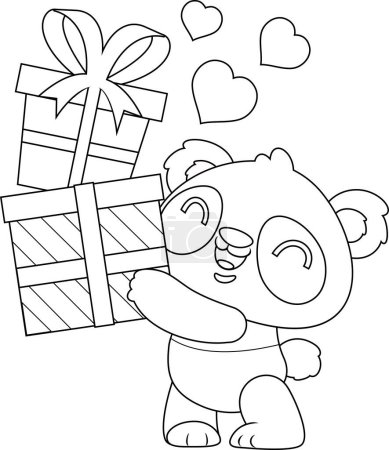 Téléchargez les illustrations : Mignon Valentine Panda ours personnage de bande dessinée tenant des boîtes-cadeaux avec des coeurs roses. Illustration vectorielle Design plat isolé sur fond transparent - en licence libre de droit