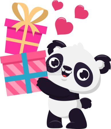 Téléchargez les illustrations : Mignon Valentine Panda ours personnage de bande dessinée tenant des boîtes-cadeaux avec des coeurs roses. Illustration vectorielle Design plat isolé sur fond transparent - en licence libre de droit