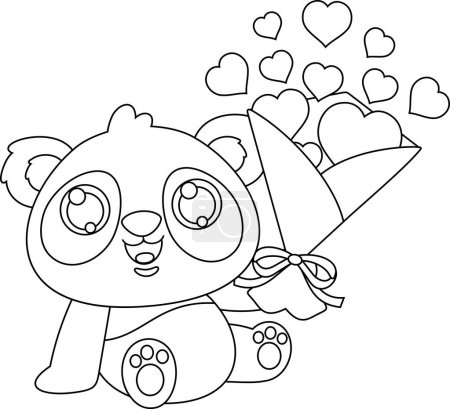 Téléchargez les illustrations : Mignon Valentine Panda ours personnage de bande dessinée tenant Bouquet cadeau avec des cœurs rouges. Illustration vectorielle Design plat isolé sur fond transparent - en licence libre de droit