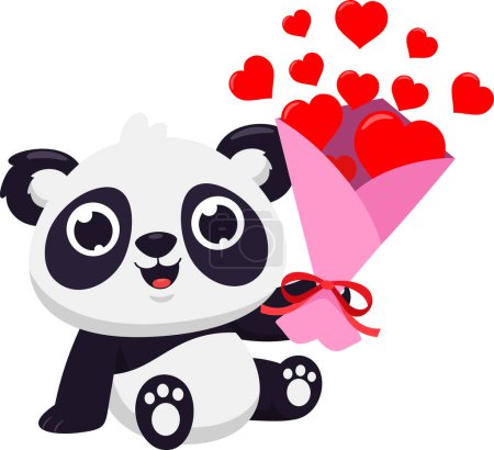 Illustration for Cute Valentine Panda Bear Cartoon Character Holding Gift Bouquet With Red Hearts. Vector Illustration Flat Design Isolated On Transparent Background - Royalty Free Image